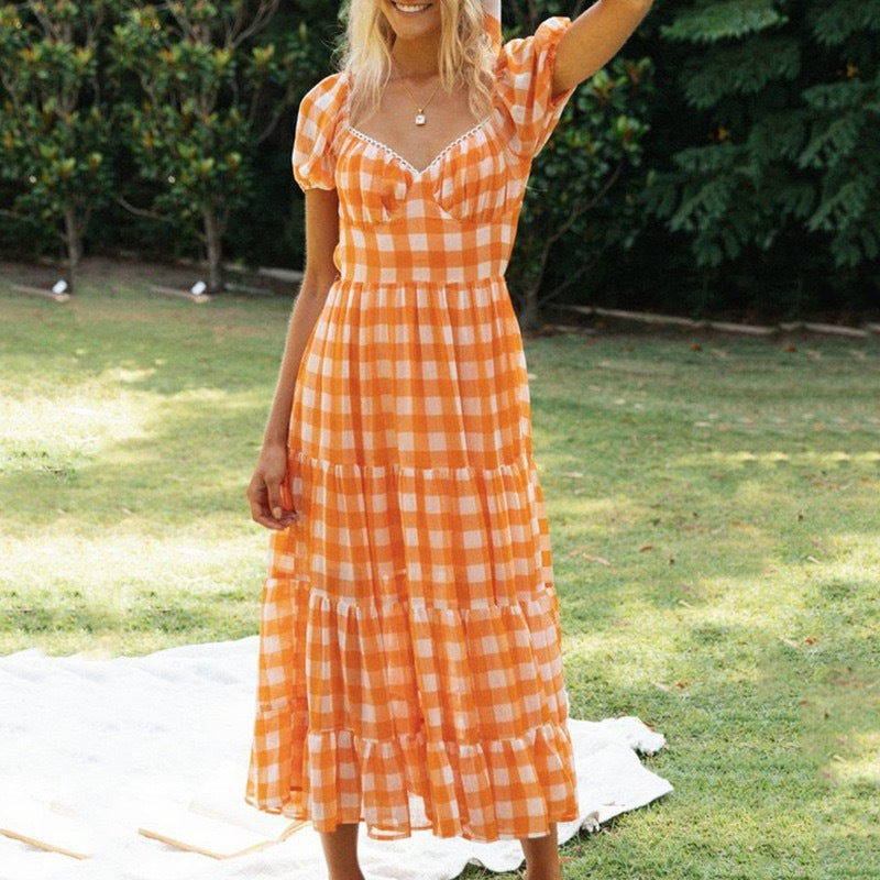 Short Puff Sleeves New Plaid V-Neck Backless Lace-Up Dress