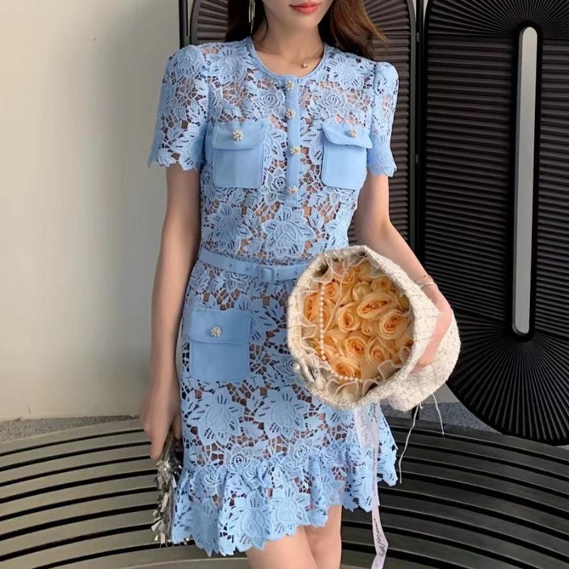French Minority Elegant Socialite Light Blue Round Neck Lace Short Sleeve Dress