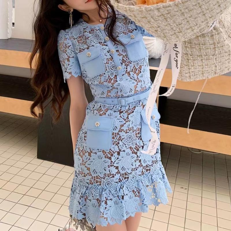 French Minority Elegant Socialite Light Blue Round Neck Lace Short Sleeve Dress