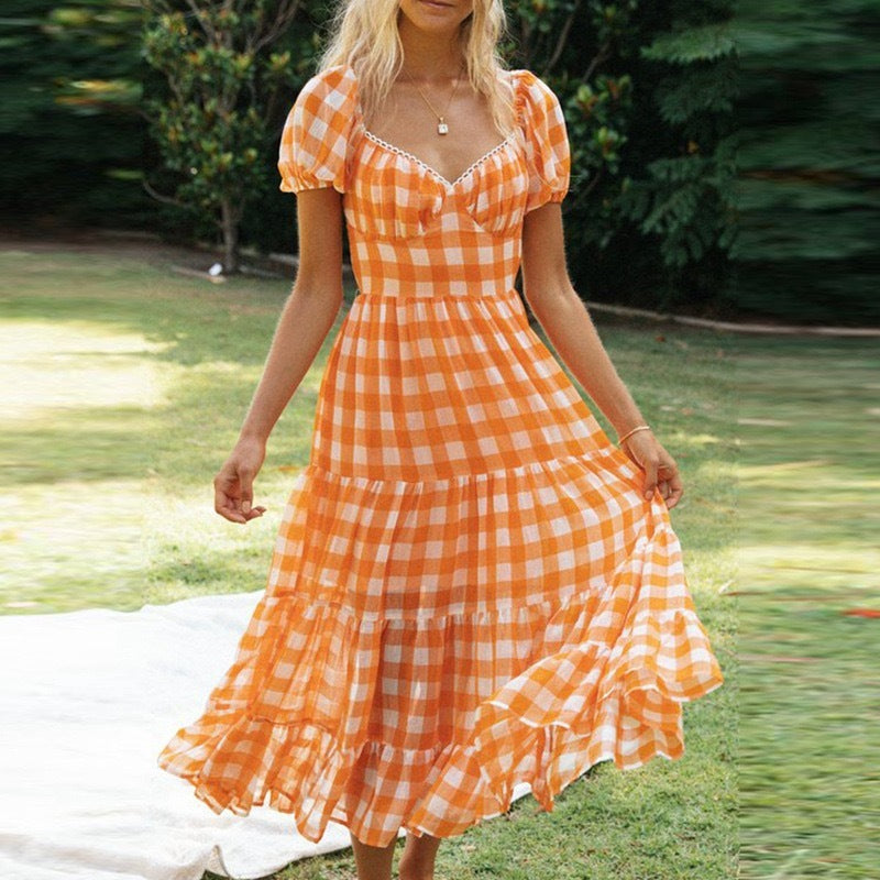 Short Puff Sleeves New Plaid V-Neck Backless Lace-Up Dress