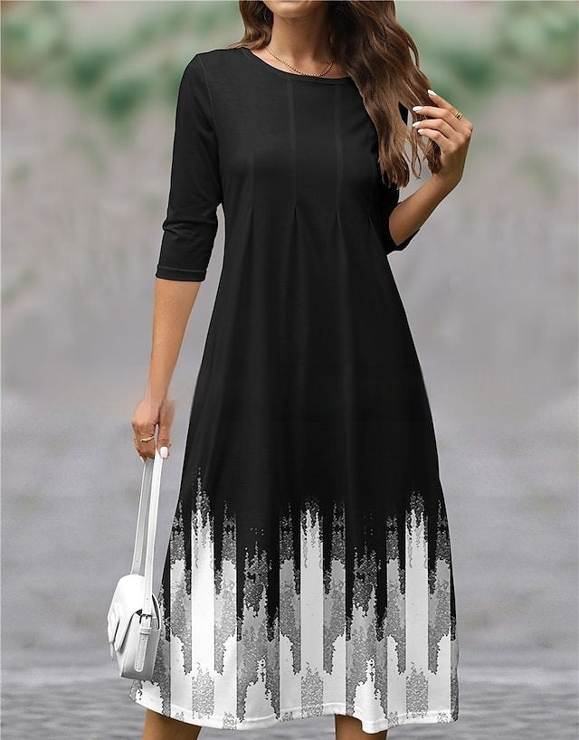 Women's Printed Round Neck Pleated Dress