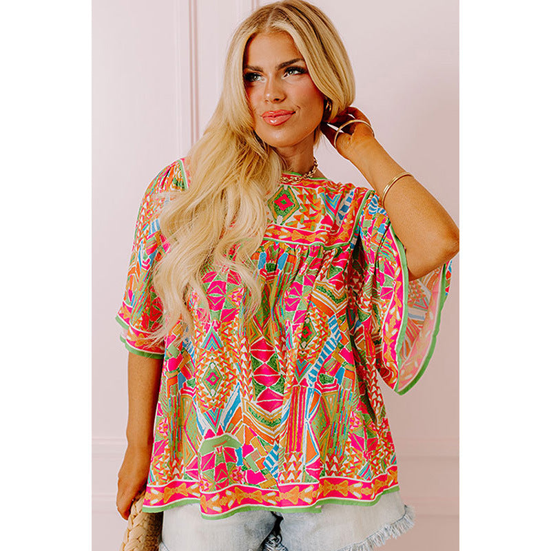 Women's Fashion Colorblock Printed Chiffon Shirt