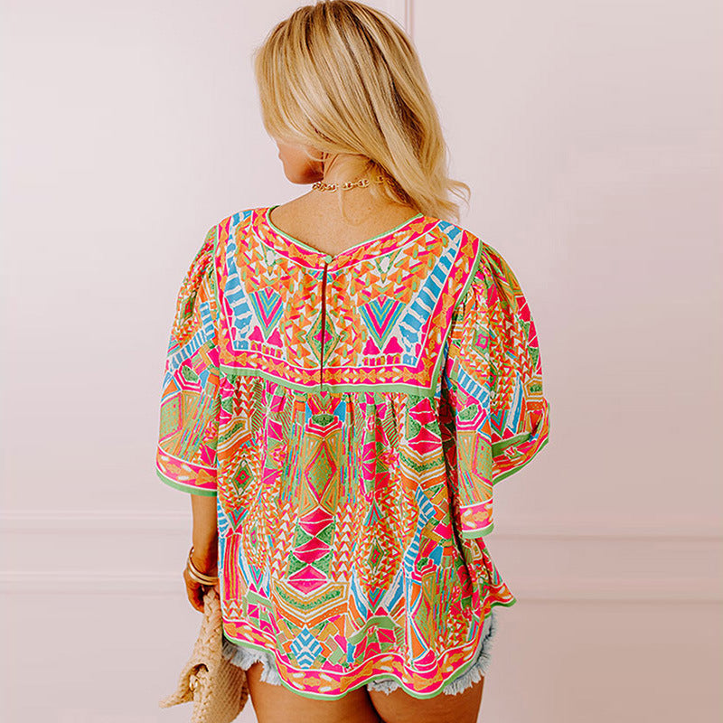 Women's Fashion Colorblock Printed Chiffon Shirt