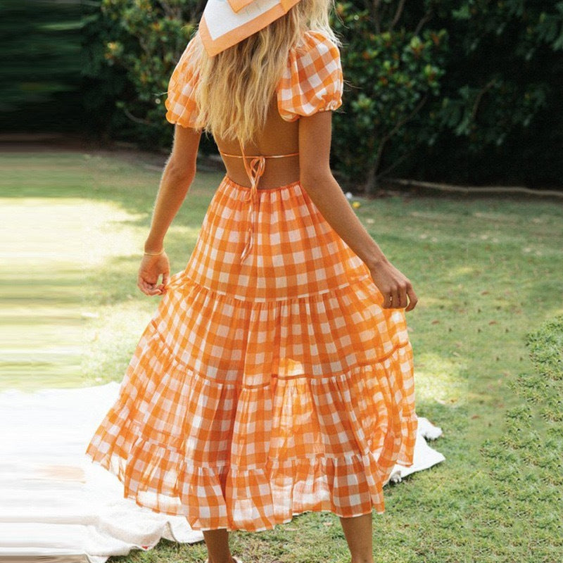 Short Puff Sleeves New Plaid V-Neck Backless Lace-Up Dress