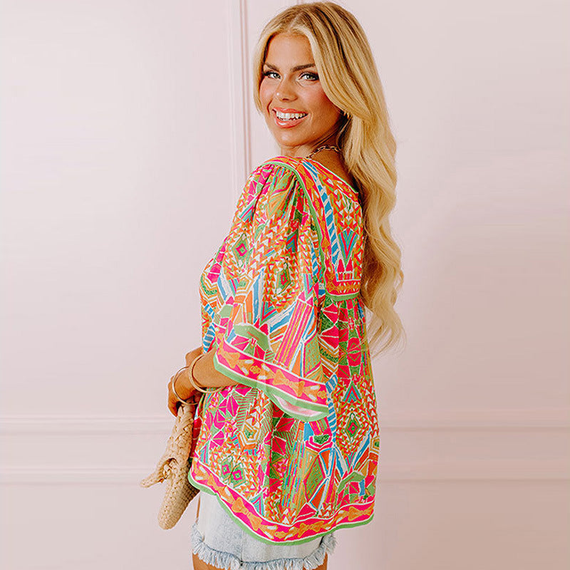 Women's Fashion Colorblock Printed Chiffon Shirt