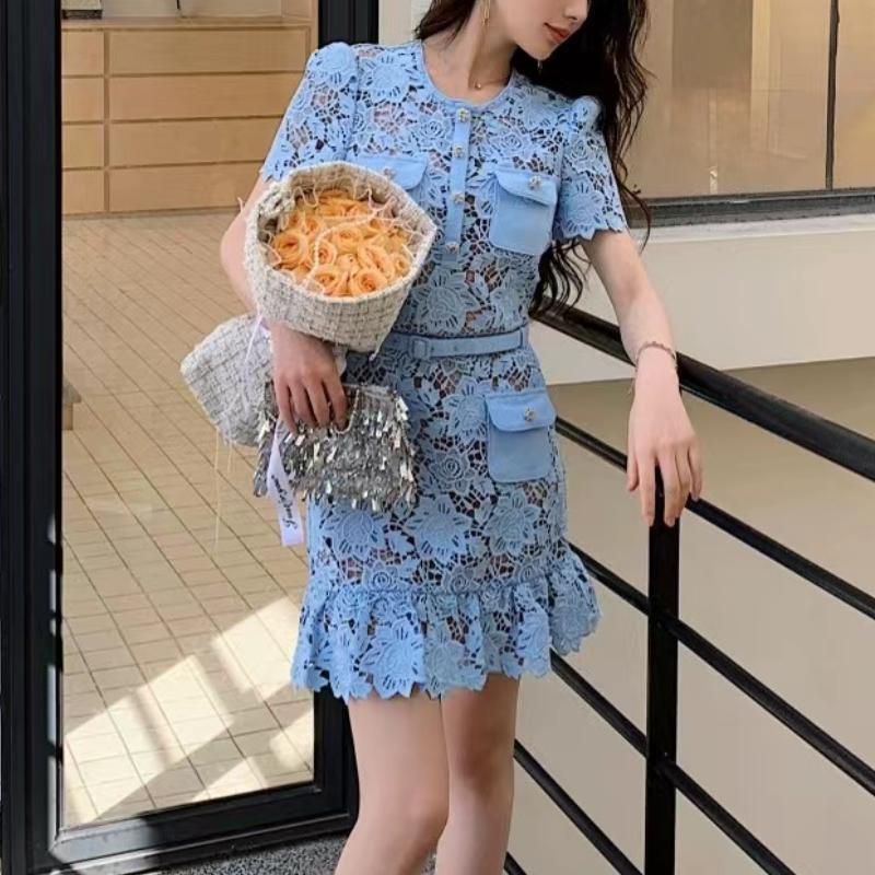 French Minority Elegant Socialite Light Blue Round Neck Lace Short Sleeve Dress