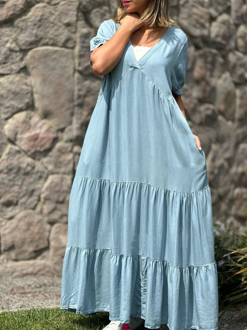European And American Plus Size Women's Clothes Faux Denim Solid Color And V-neck Long Dress