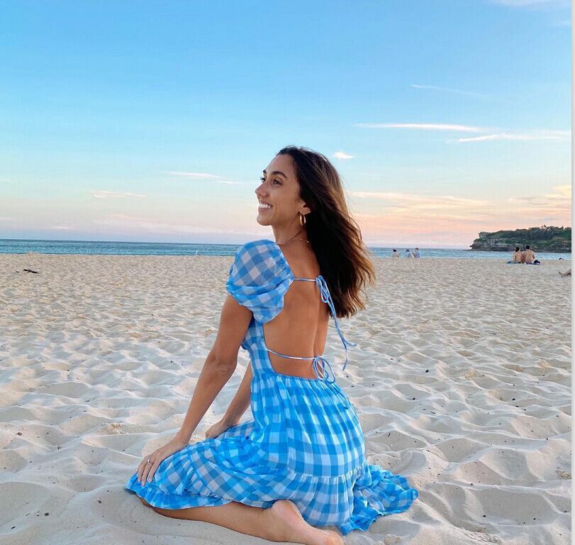 Short Puff Sleeves New Plaid V-Neck Backless Lace-Up Dress