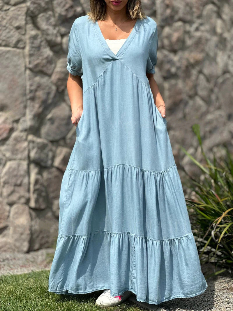 European And American Plus Size Women's Clothes Faux Denim Solid Color And V-neck Long Dress