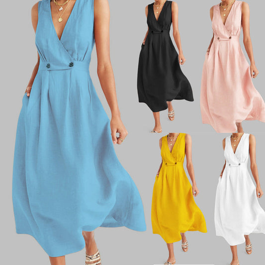 Plus Size Sleeveless Long Cotton And Linen Dress