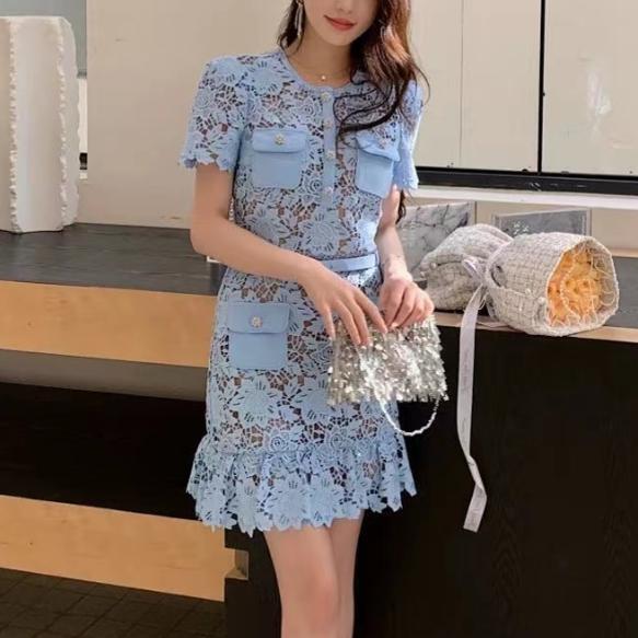 French Minority Elegant Socialite Light Blue Round Neck Lace Short Sleeve Dress
