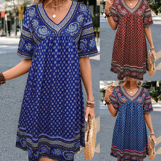 Women's Short-sleeved Printed Ethnic Fashion Casual Dress