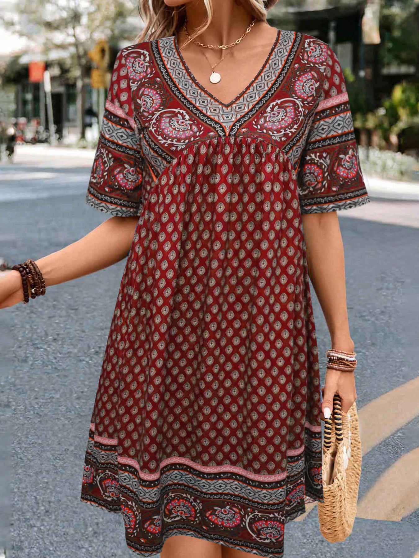 Women's Short-sleeved Printed Ethnic Fashion Casual Dress