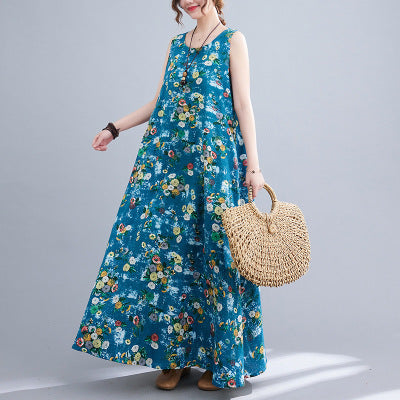 Printed Cotton Linen Round Neck Sleeveless Dress Women's