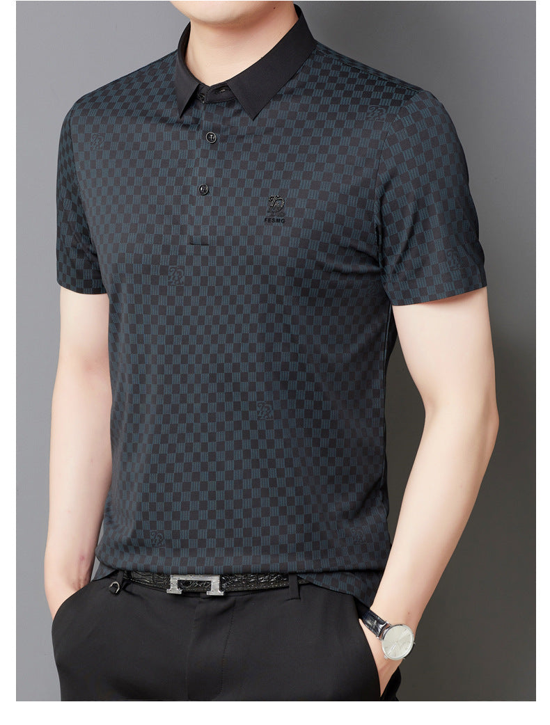 Men's Lapel Plaid Printed Seamless High Elasticity Ice Silk Short Sleeve