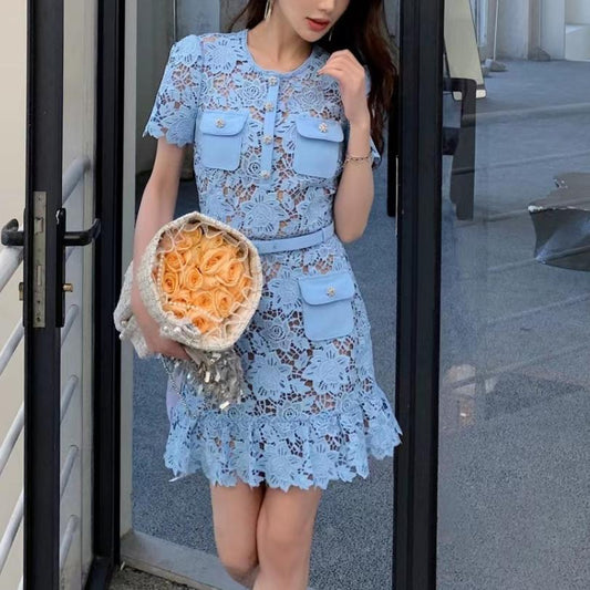 French Minority Elegant Socialite Light Blue Round Neck Lace Short Sleeve Dress