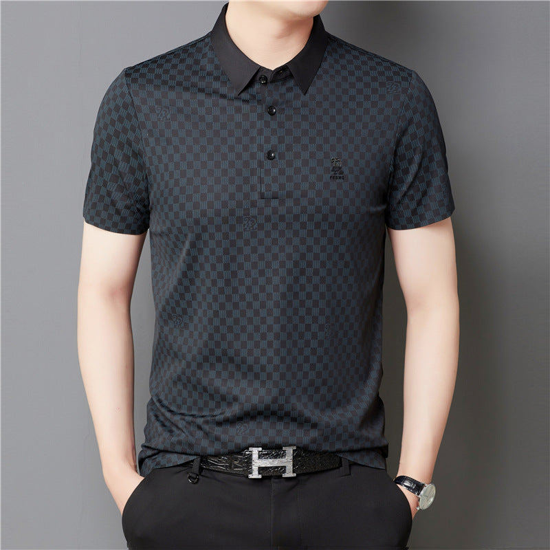 Men's Lapel Plaid Printed Seamless High Elasticity Ice Silk Short Sleeve