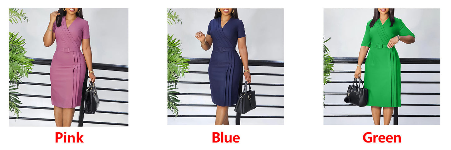 Women's Short Sleeve V-neck Tight Waist Solid Color Commute Dress