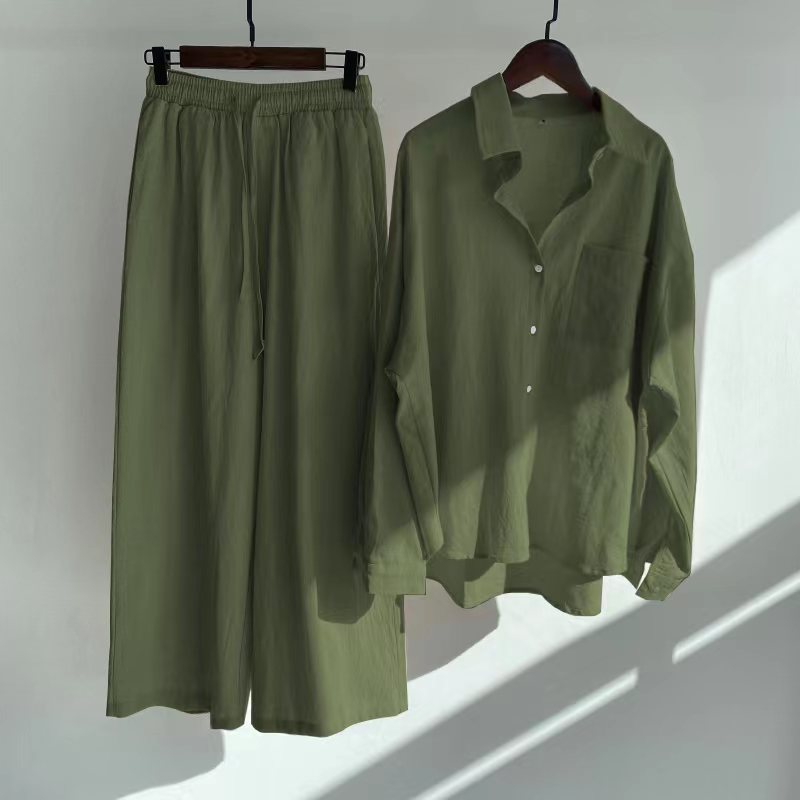 Cross-border Women's Ancient Cotton And Linen Shirt Outfit High Waist Loose Trousers