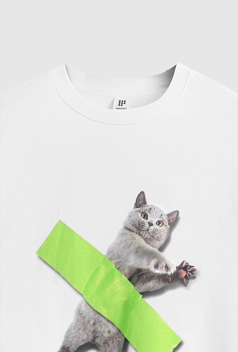 Tape Alien Cat Printed T-shirt Casual Loose