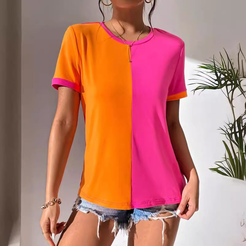 Women's Color Matching Simple Casual All-match Round Neck Short Sleeve