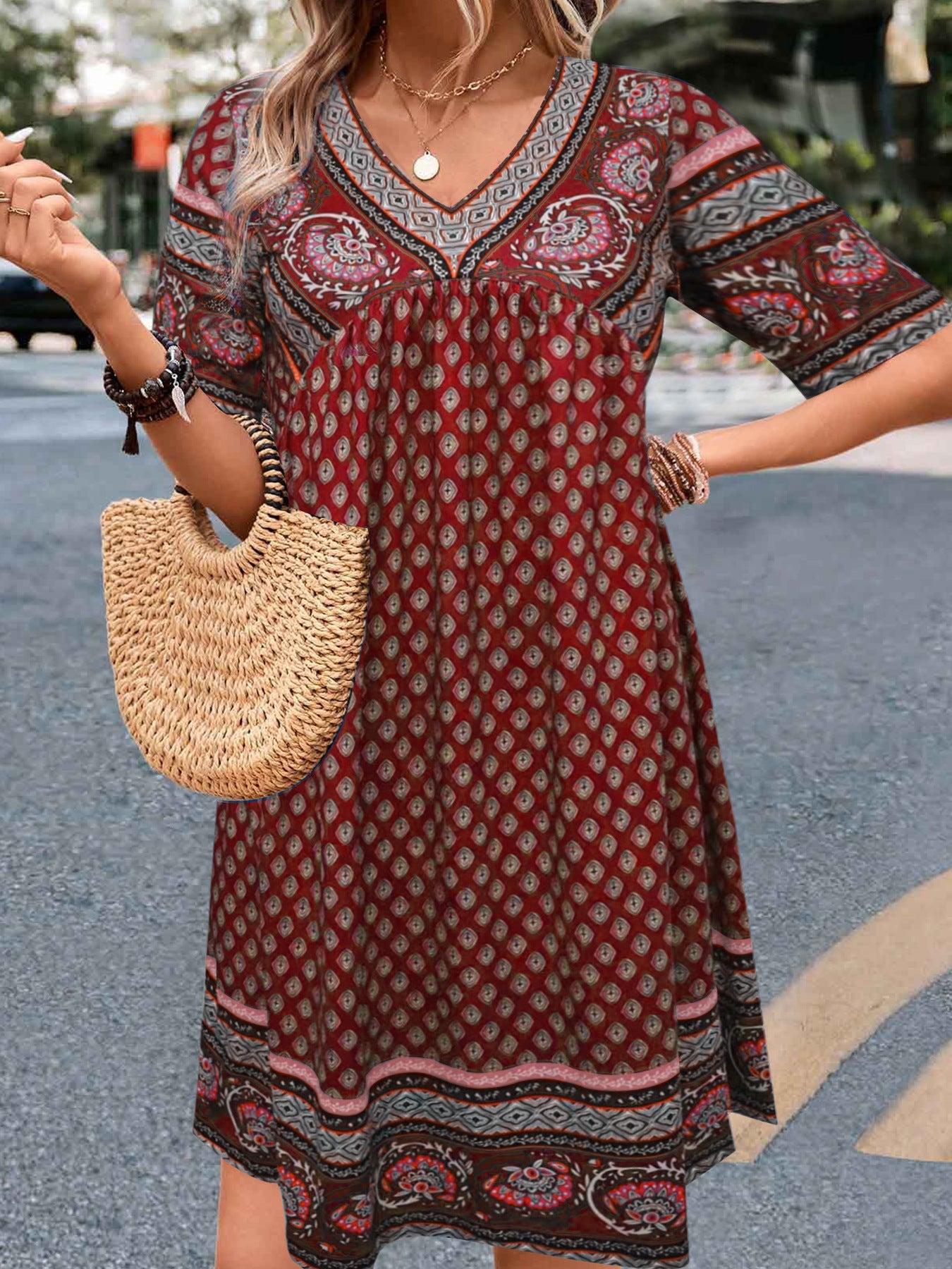 Women's Short-sleeved Printed Ethnic Fashion Casual Dress