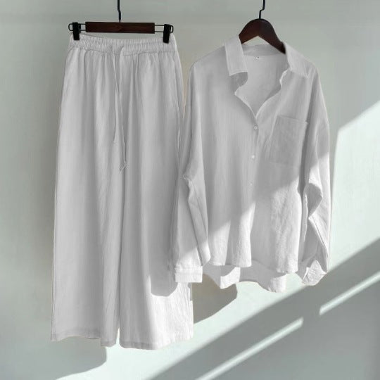 Cross-border Women's Ancient Cotton And Linen Shirt Outfit High Waist Loose Trousers