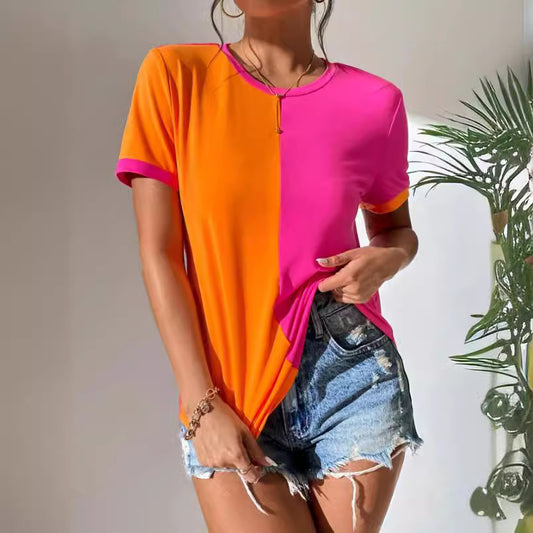 Women's Color Matching Simple Casual All-match Round Neck Short Sleeve