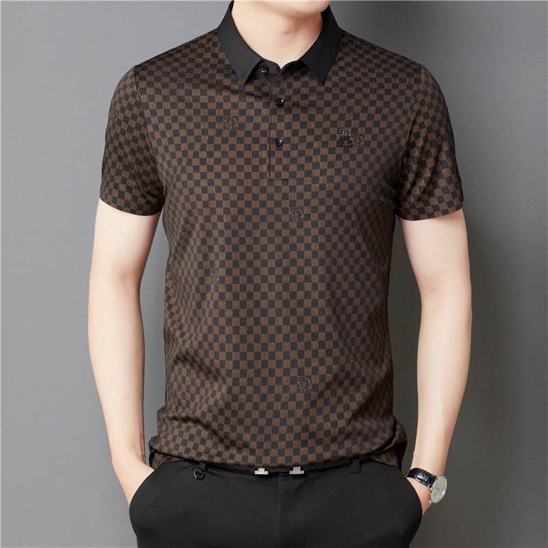 Men's Lapel Plaid Printed Seamless High Elasticity Ice Silk Short Sleeve