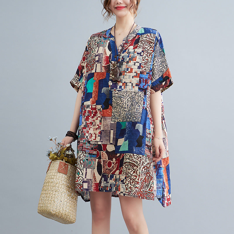 New Plus Size Cover Up Short Sleeve Abstract Print Dress