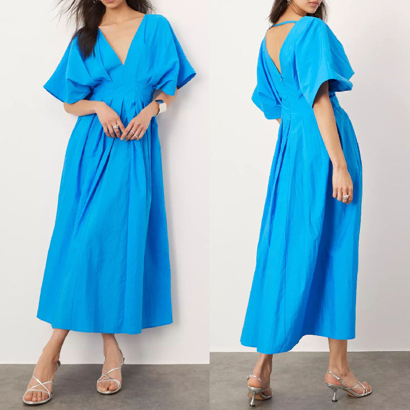 Blue V-neck Pleated Dress Loose And Elegant