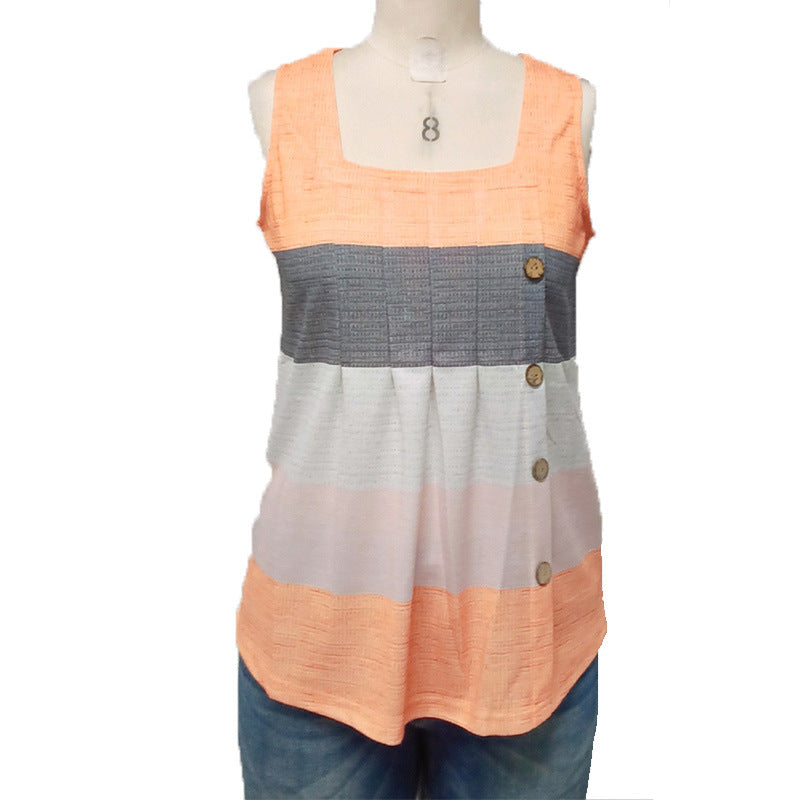 Striped Vest Square Collar Button Sleeveless Top Casual European And American