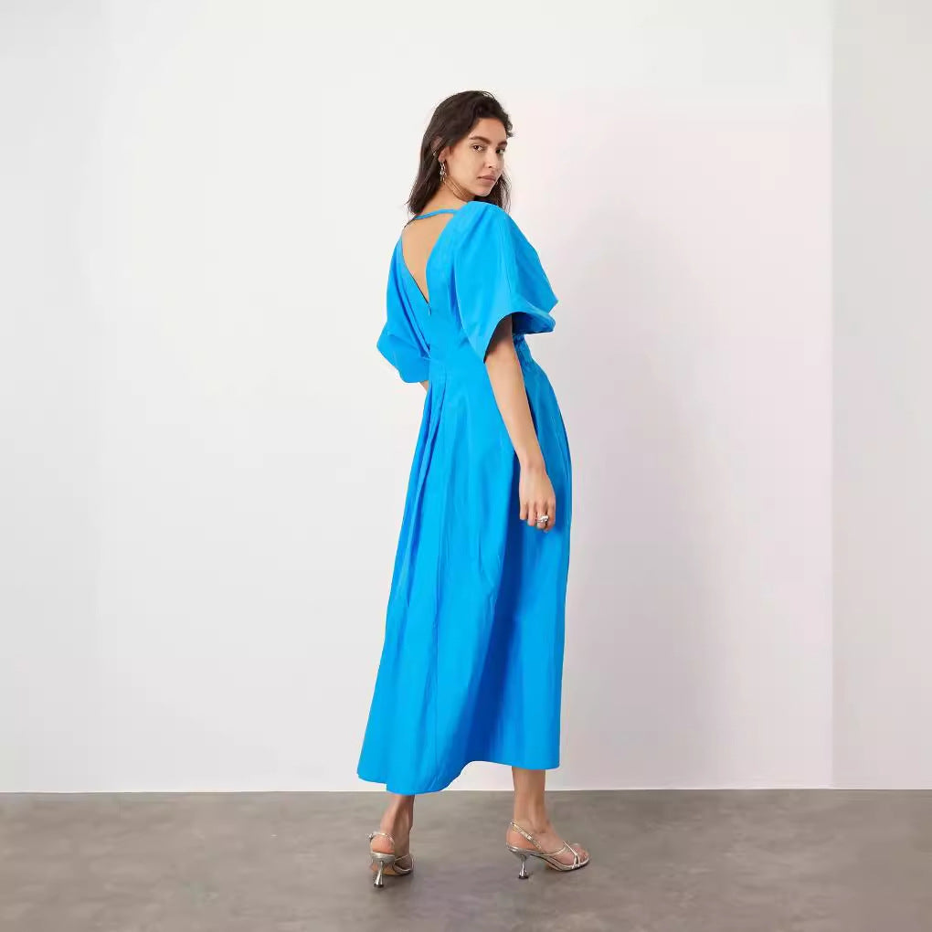 Blue V-neck Pleated Dress Loose And Elegant