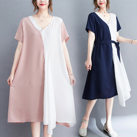 Color Matching Women's Outer Loose Slimming With Pockets V-neck Dress