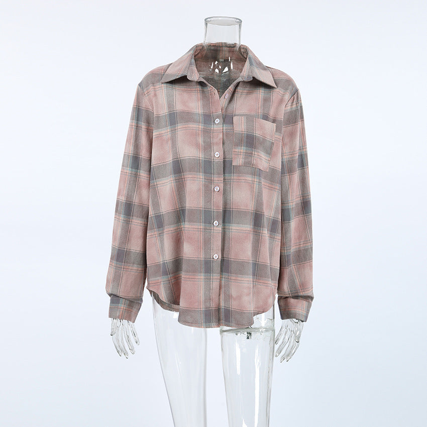 Plaid Long Sleeve Shirt Baggy Coat Women