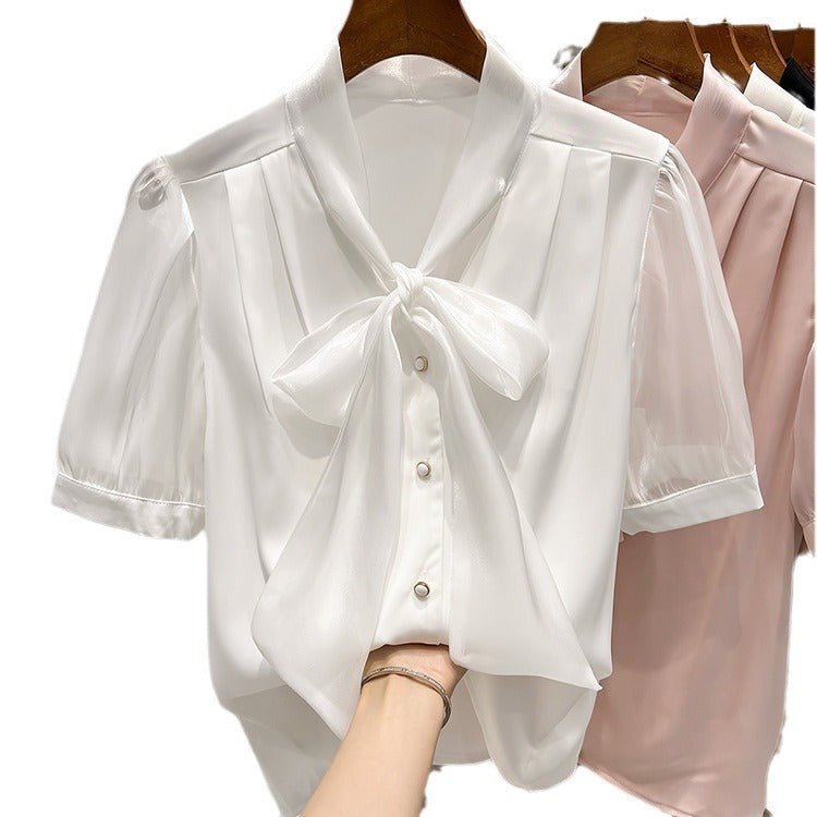 Pure Color Tied Single-breasted Short Sleeve Shirt For Women