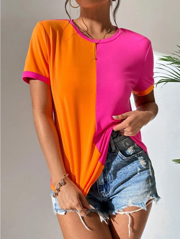 Women's Color Matching Simple Casual All-match Round Neck Short Sleeve