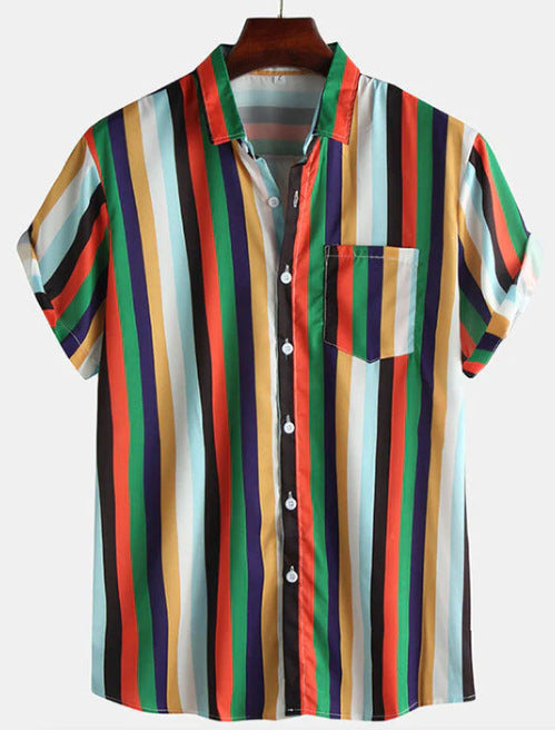 Men's Fashion Loose Striped Short Sleeve Shirt Top