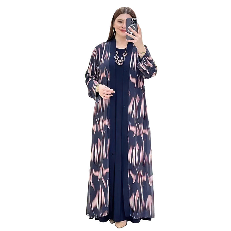 Digital Printing Cardigan Long Robe European And American Clothing Two-piece Suit 8839