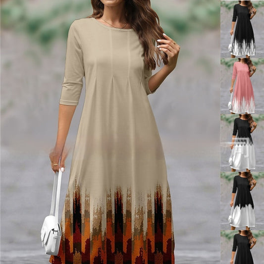 Women's Printed Round Neck Pleated Dress