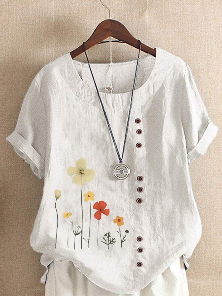 Cotton And Linen Printed Elegant Short Sleeve T-shirt Top Women