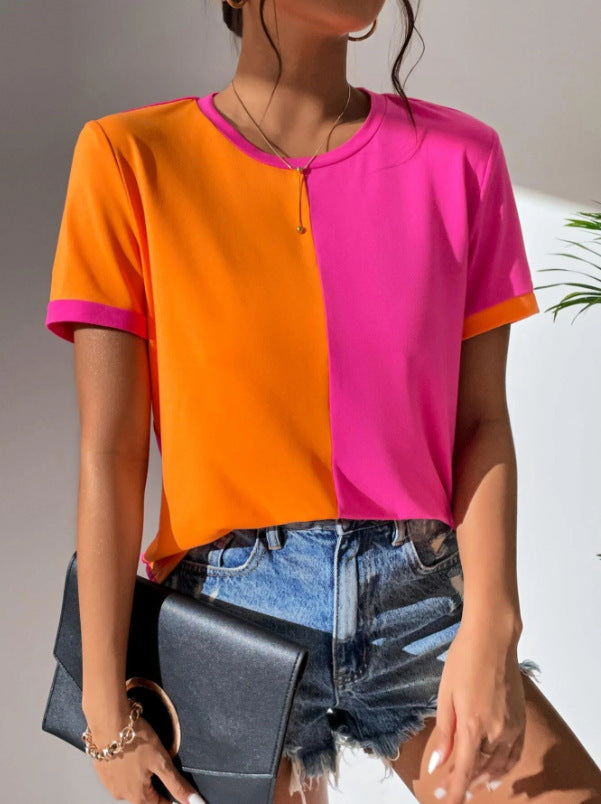 Women's Color Matching Simple Casual All-match Round Neck Short Sleeve