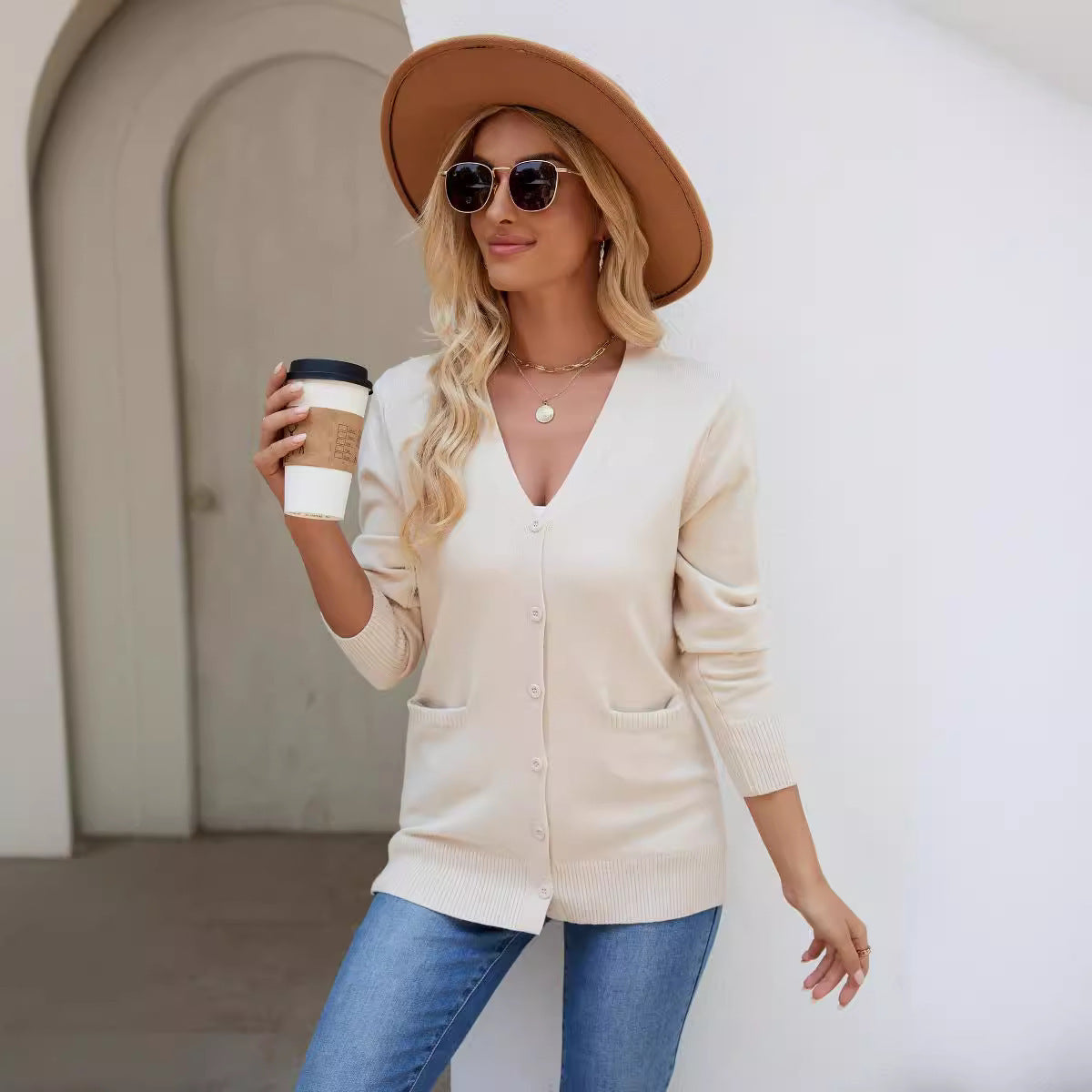 Knitted Cardigan Sweater Women V-neck Long Sleeve Single Breasted