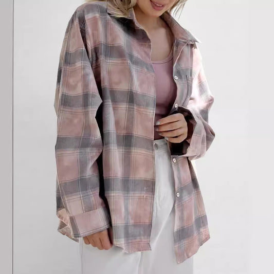 Plaid Long Sleeve Shirt Baggy Coat Women